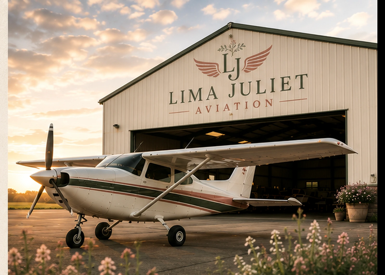 General aviation aircraft near a hangar at sunset